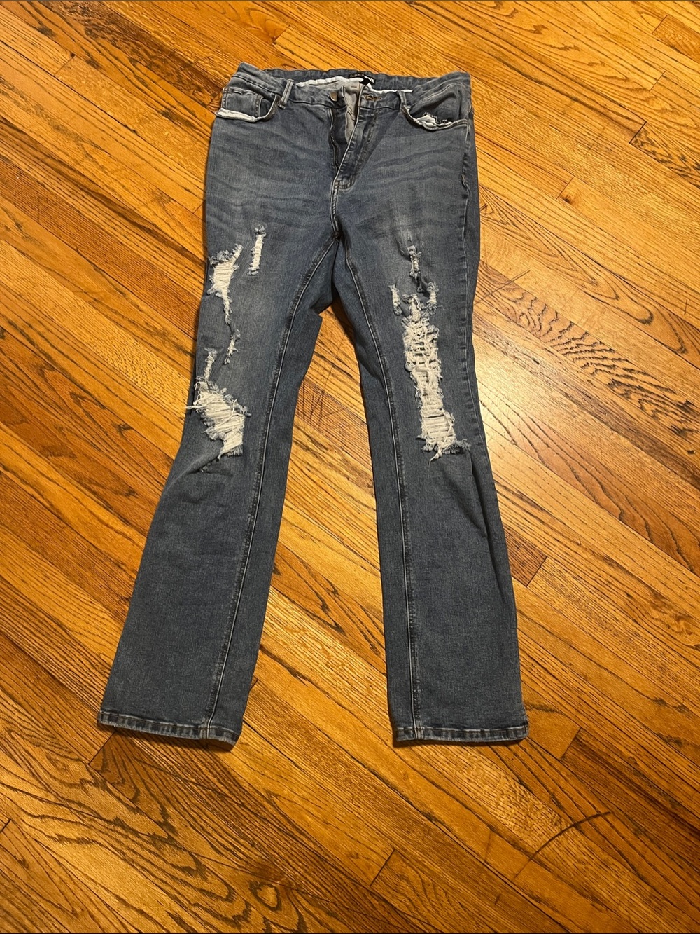 Fashion Nova Distressed Medium Blue Straight Leg Jeans